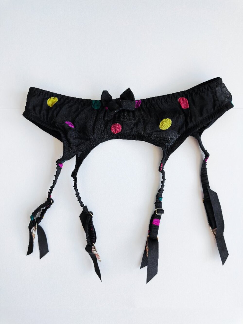 Amoureuse Forever Black Silk Polka Dot Garter Belt 100% Silk